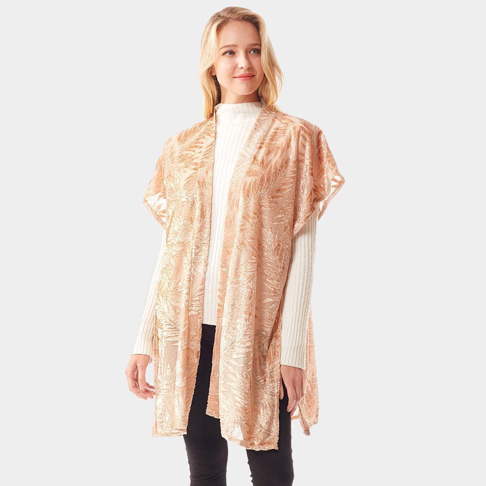 Beige Leaf Patterned Velvet Burnout Shawl Poncho - Jewelry Store by Erik Rayo