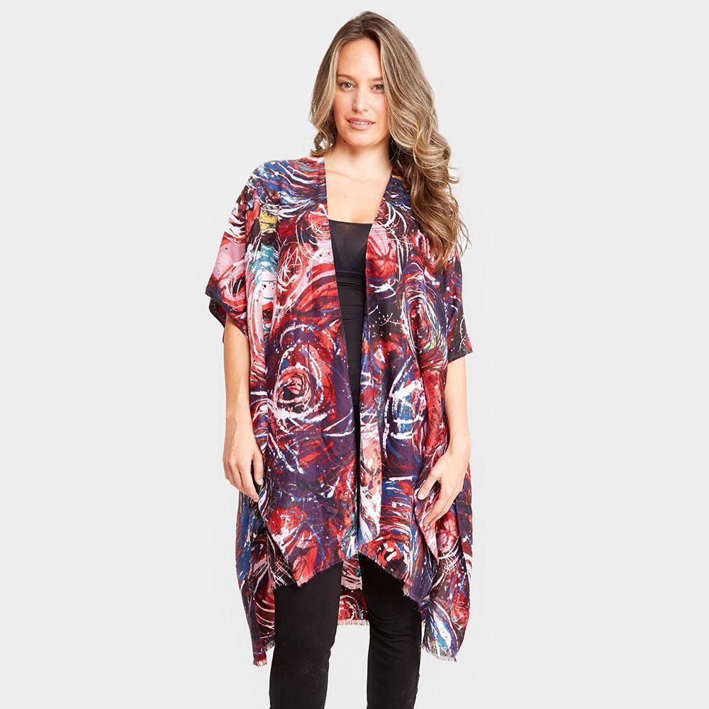 Red Digital Abstract Print Silky Kimono Poncho - Jewelry Store by Erik Rayo