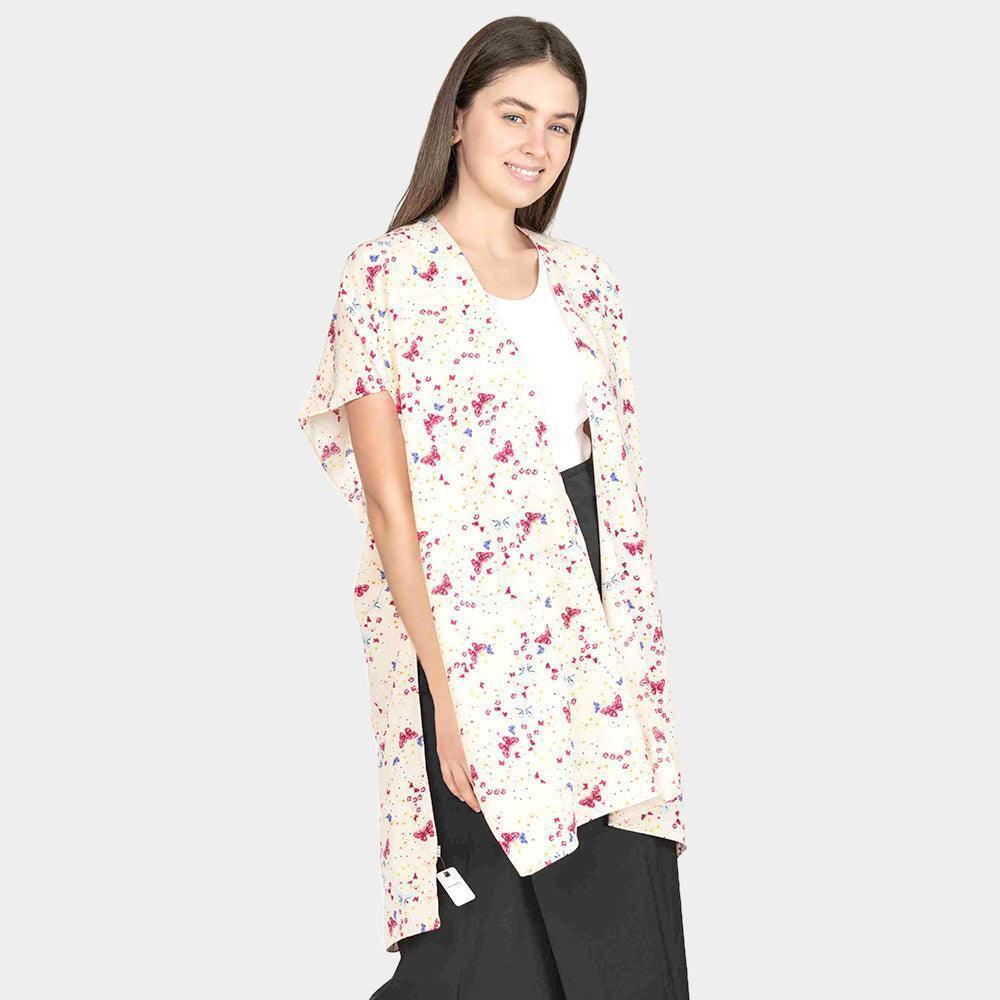 Beige Butterfly Flower Patterned Cover Up Kimono Poncho - Jewelry Store by Erik Rayo