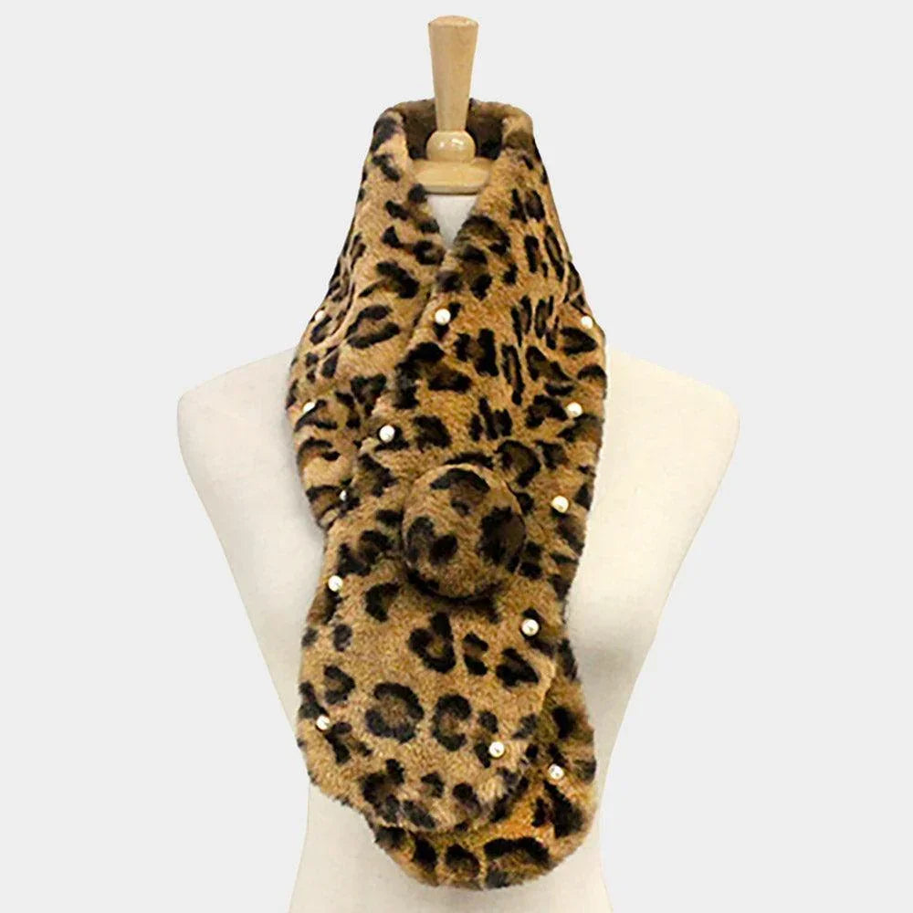 Pearl Embellished Leopard Patterned Faux Fur Pom Pom Pull Through Scarf - Jewelry Store by Erik Rayo