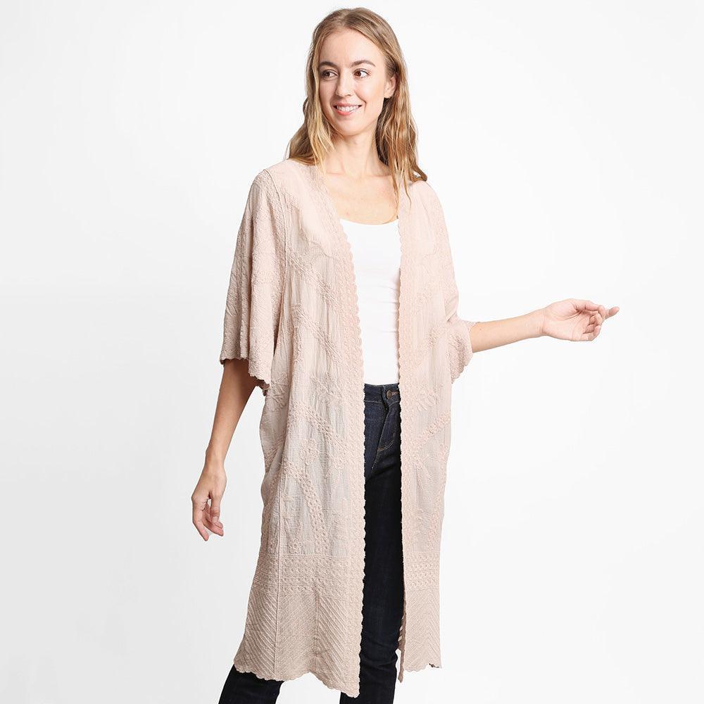 Beige Floral Patterned Lace Cover Up Kimono Poncho - Jewelry Store by Erik Rayo
