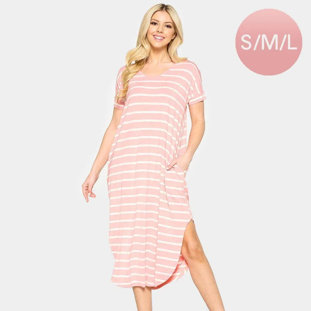 Pink Striped Curved Hem Midi Pockets Dress - Jewelry Store by Erik Rayo