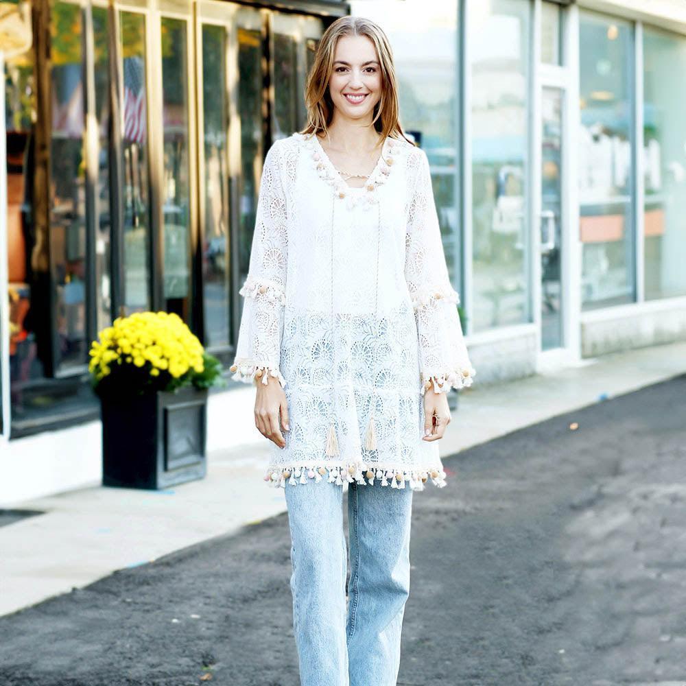 White Pom Pom Tassel Tie knot V Neck Lace Cover Up Dress - Jewelry Store by Erik Rayo