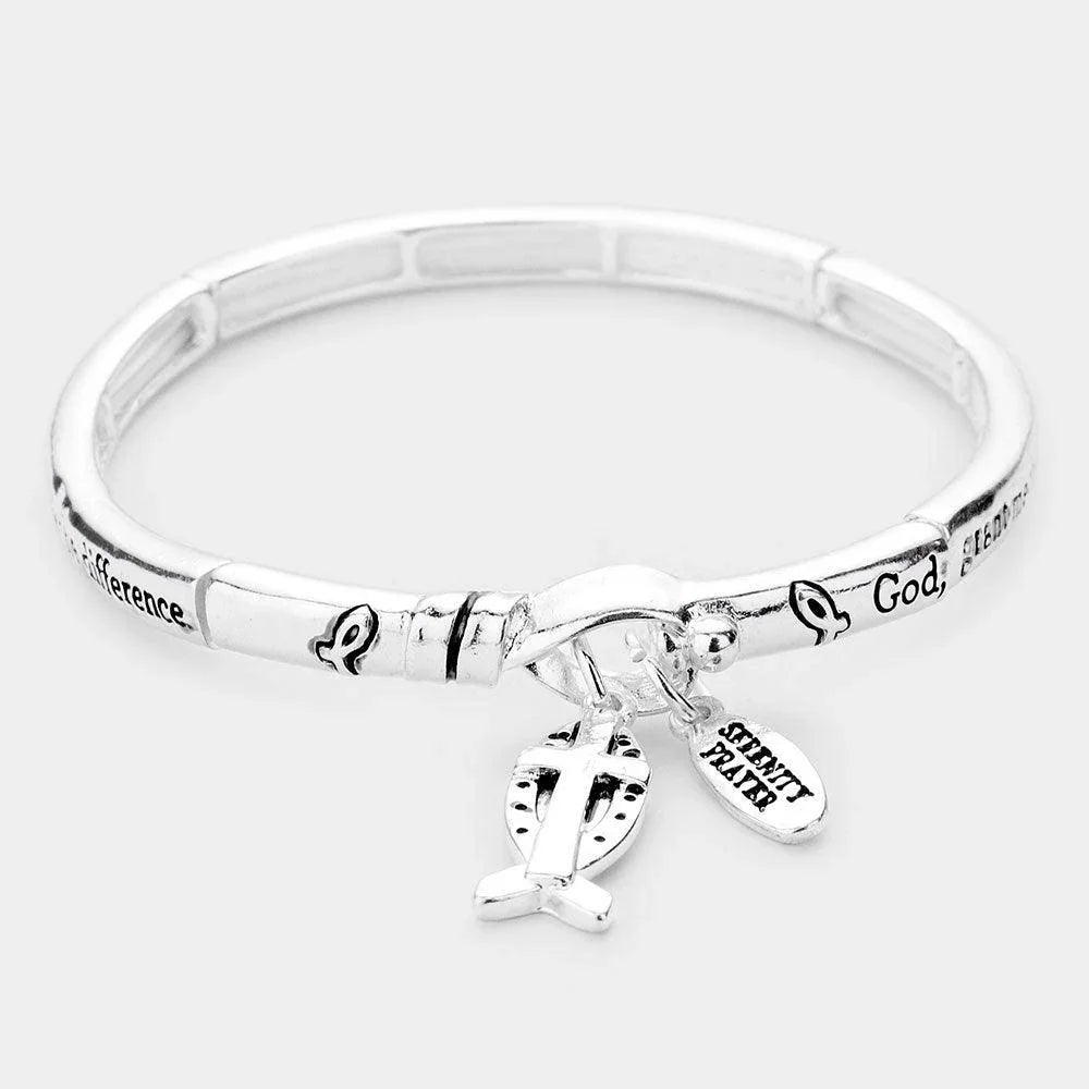 Silver Serenity Prayer Cross Ichthus Charm Metal Message Stretch Bracelet - Jewelry Store by Erik Rayo