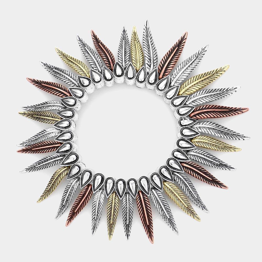 Three Tone Antique Metal Feather Fringe Stretch Bracelet - Jewelry Store by Erik Rayo