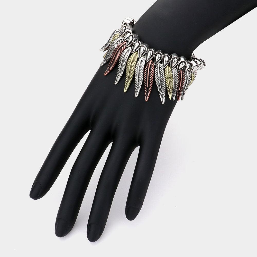 Three Tone Antique Metal Feather Fringe Stretch Bracelet - Jewelry Store by Erik Rayo