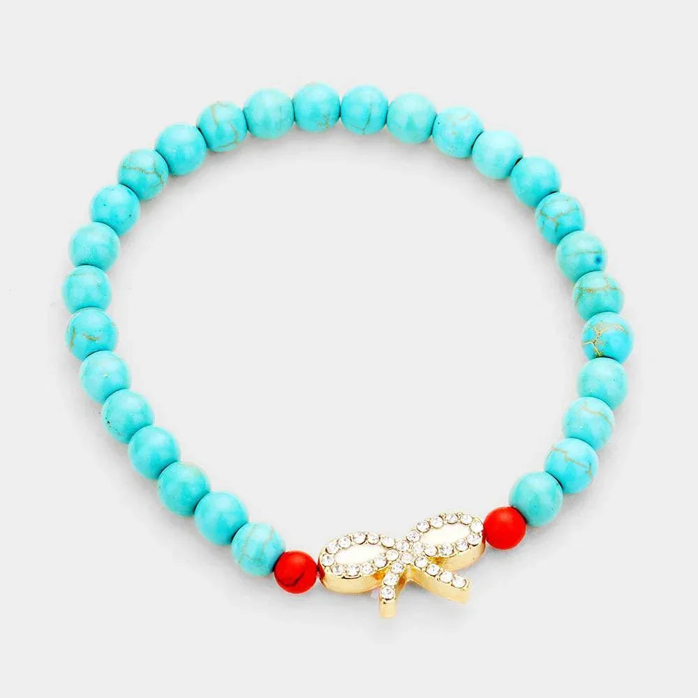 Turquoise Crystal Lined Bow Tie Pearl Stretch Bracelets - Jewelry Store by Erik Rayo