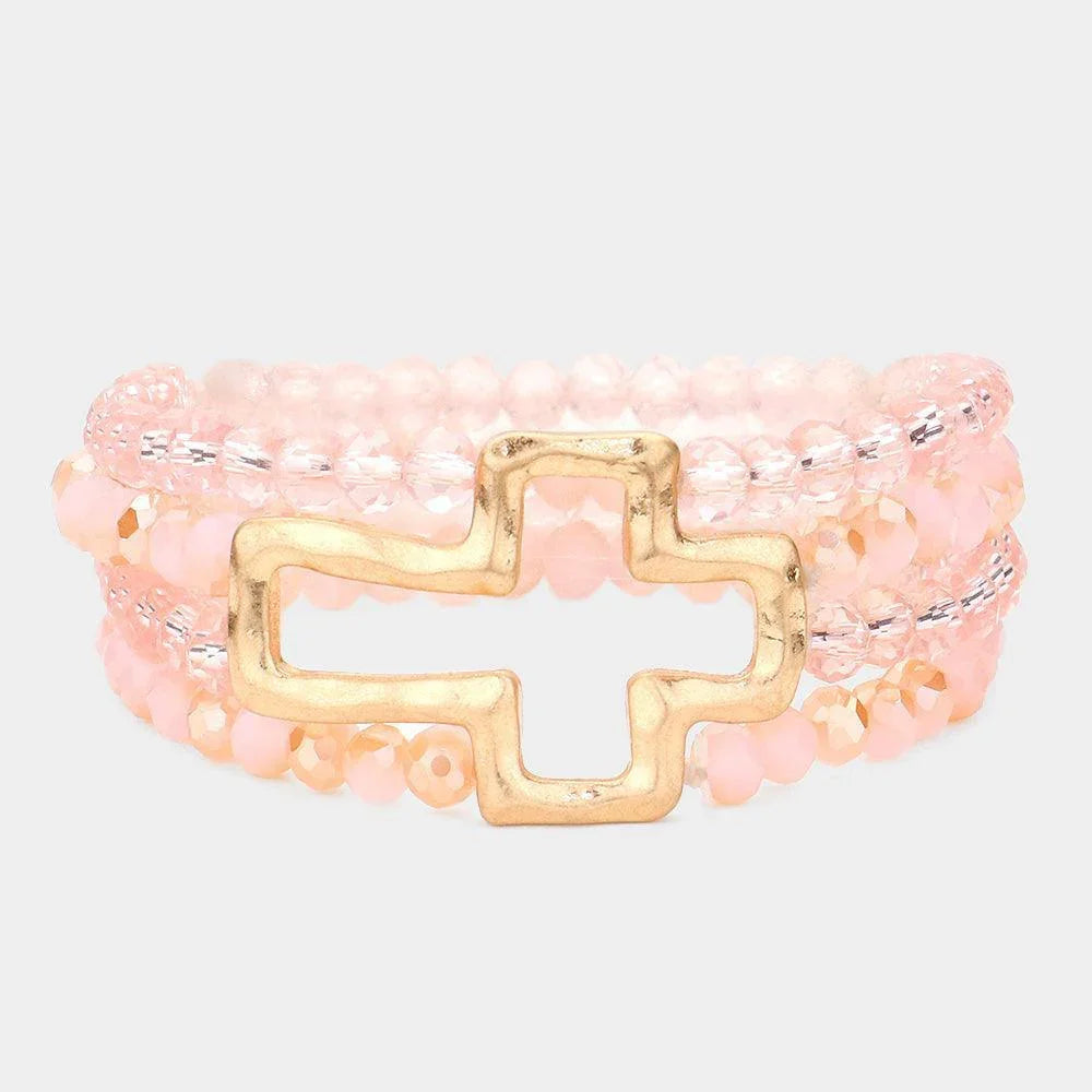 Pink Open Metal Cross Accented Faceted Beaded Stretch Bracelet - Jewelry Store by Erik Rayo