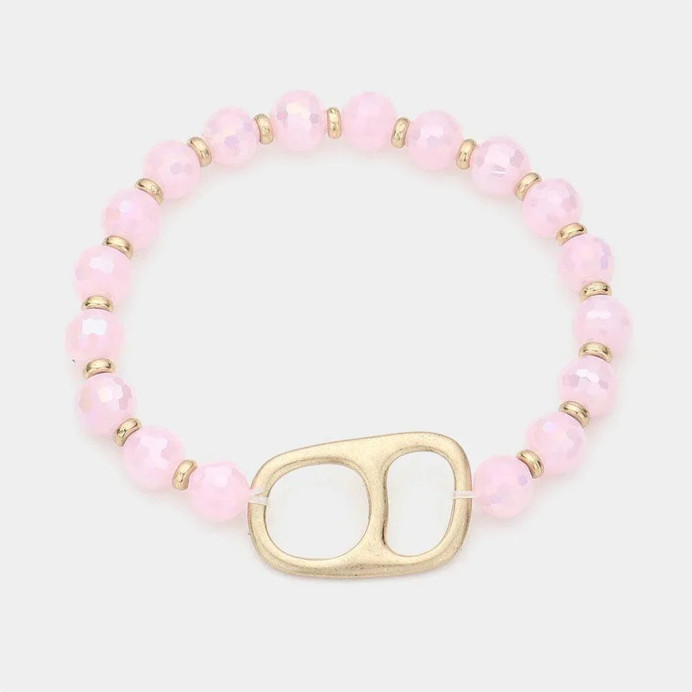 Pink Abstract Metal Accented Faceted Beaded Stretch Bracelet - Jewelry Store by Erik Rayo