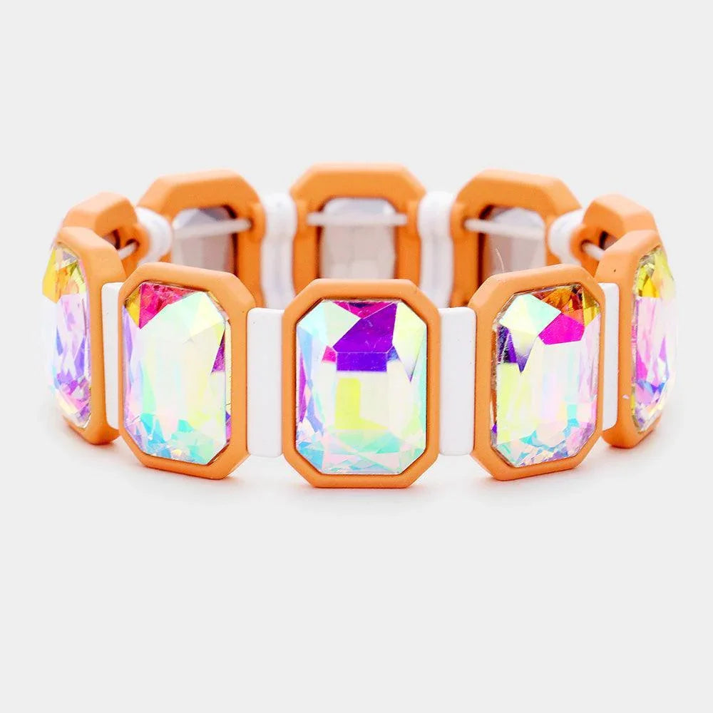 Peach Emerald Cut Glass Crystal Resin Bezel Stretch Bracelet - Jewelry Store by Erik Rayo