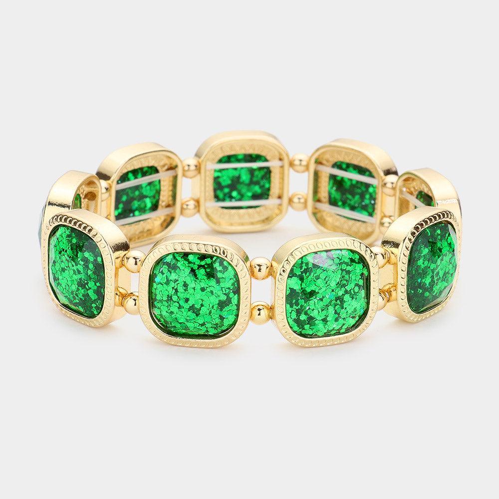 Green Glittered Square Stretch Bracelet - Jewelry Store by Erik Rayo