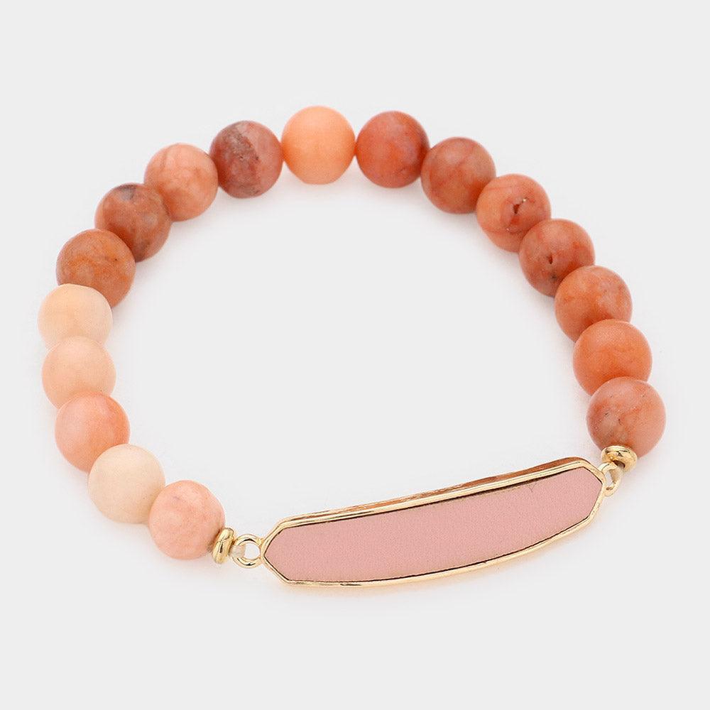 Pink Faux Leather Bar Natural Stone Stretch Bracelet - Jewelry Store by Erik Rayo