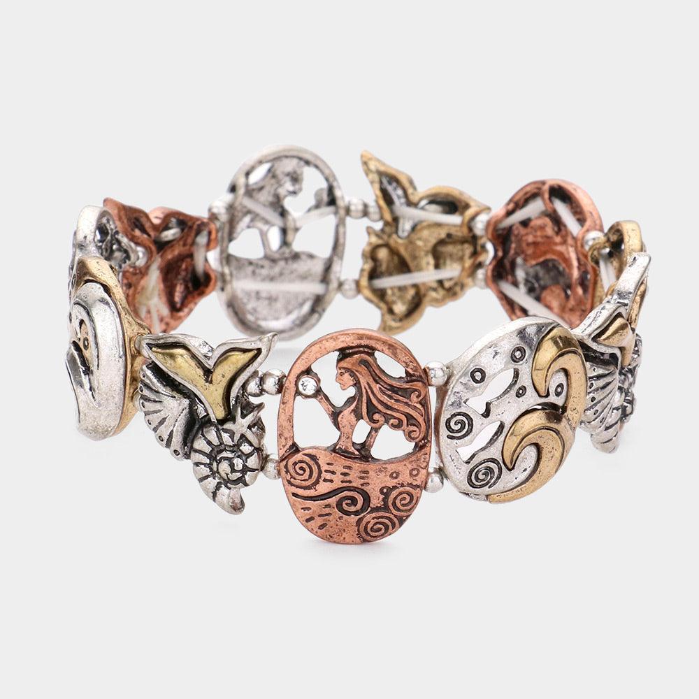 Three Tone Mermaid Shell Whale Metal Stretch Bracelet - Jewelry Store by Erik Rayo