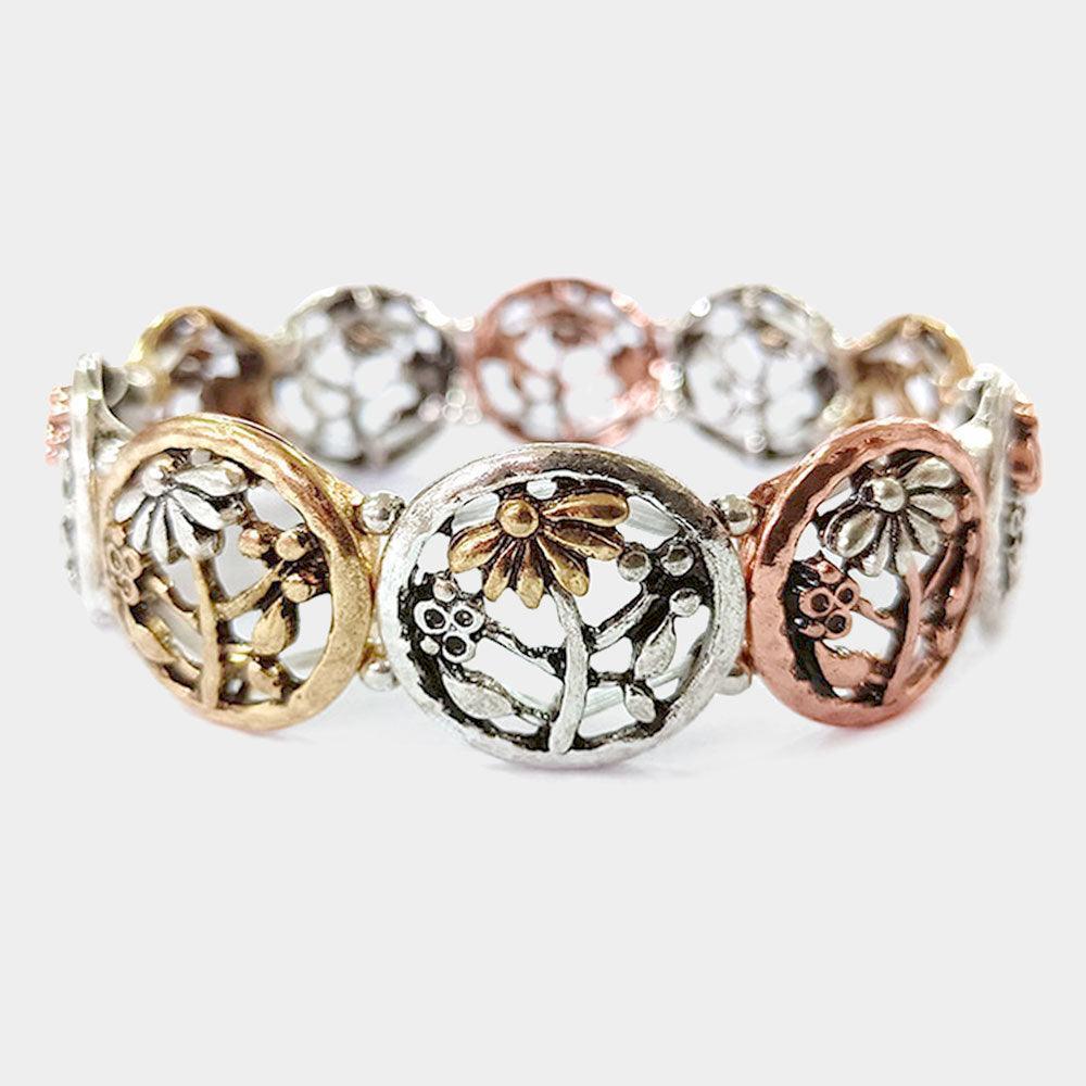 Three Tone Metal Flower Stretch Bracelet - Jewelry Store by Erik Rayo