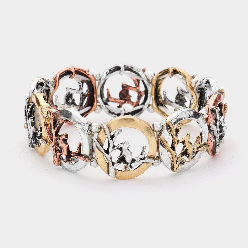 Three Tone Metal Cat On Twig Stretch Bracelet - Jewelry Store by Erik Rayo