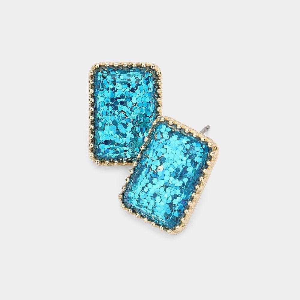 Blue Glittered Rectangle Stud Earrings - Jewelry Store by Erik Rayo
