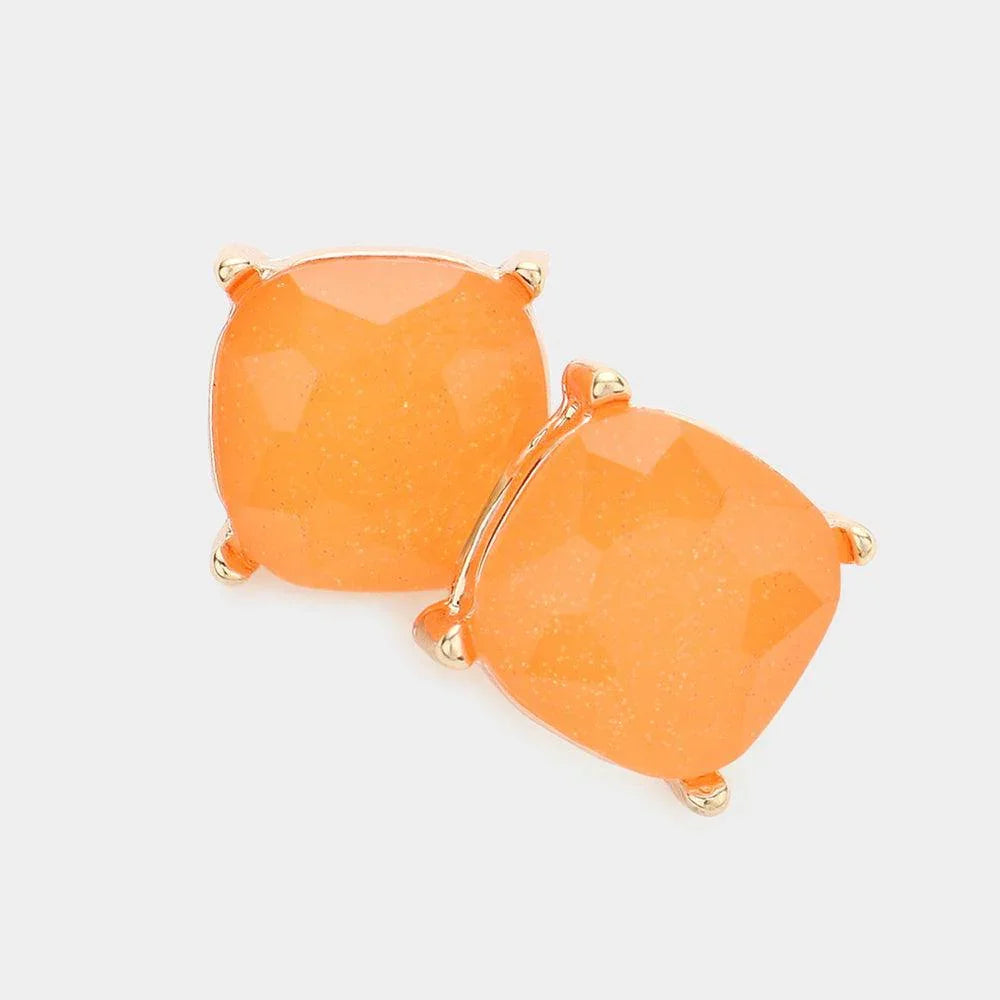 Orange Glittered Cushion Square Stud Earrings - Jewelry Store by Erik Rayo