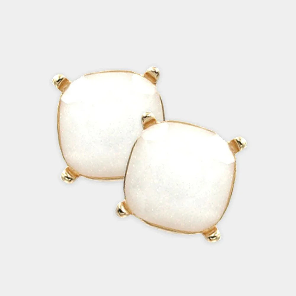 White Glittered Cushion Square Stud Earrings - Jewelry Store by Erik Rayo