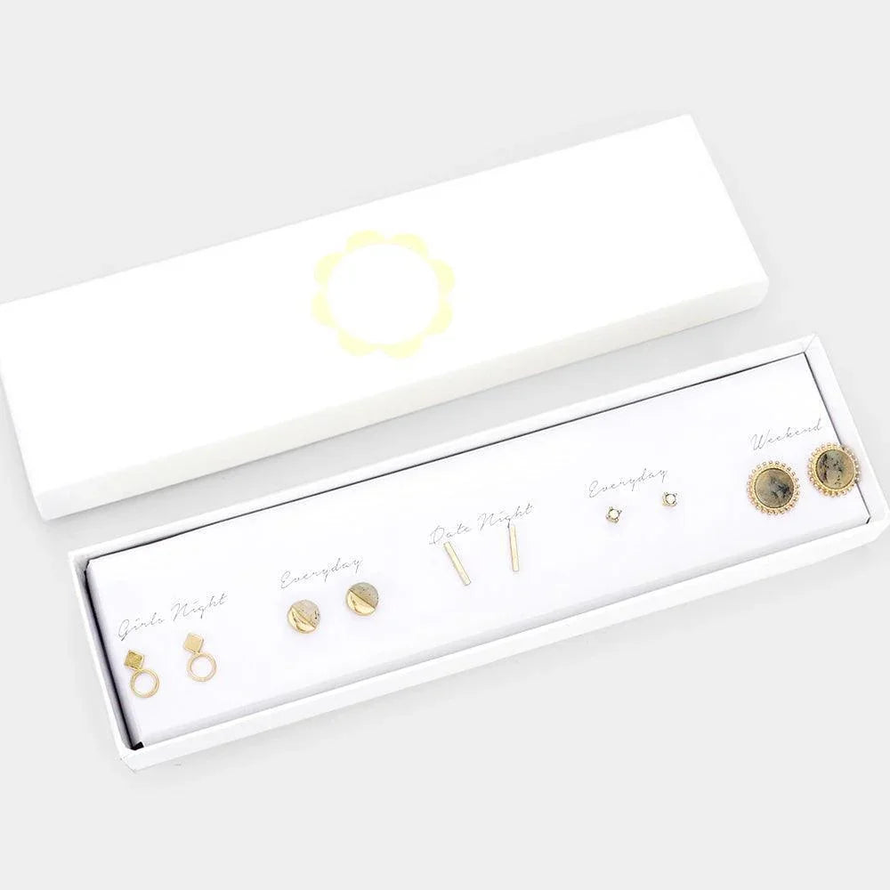 Gray 5Pairs - Geometric Metal Natural Stone Round Mixed Stud Earrings - Jewelry Store by Erik Rayo