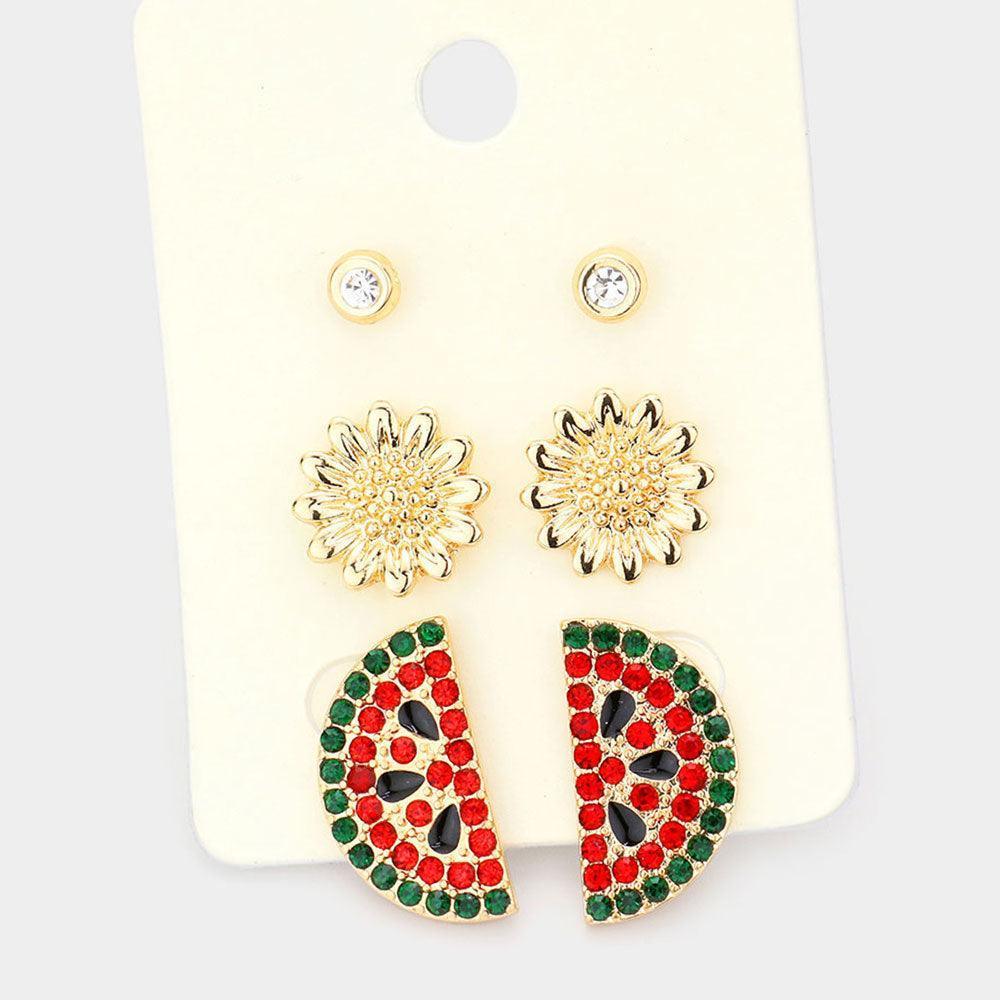 Red 3Pairs - Metal Sunflower Rhinestone Embellished Watermelon Stud Earrings - Jewelry Store by Erik Rayo