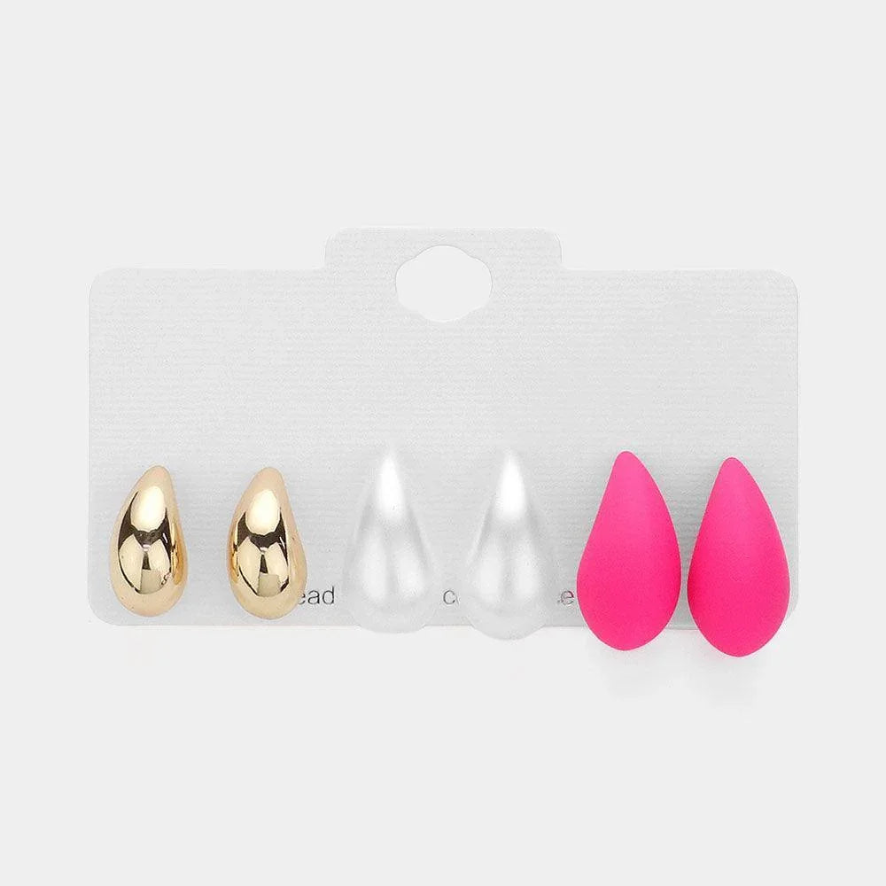 Pink 3Pairs - Metal Pearl Matte Teardrop Stud Earrings Set - Jewelry Store by Erik Rayo