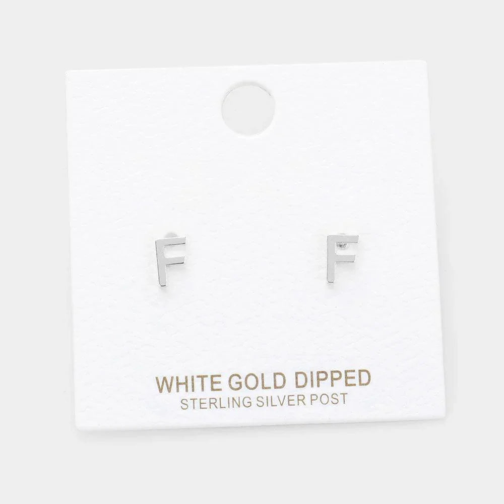 Letter F White Gold Dipped Metal Monogram Stud Earrings - Jewelry Store by Erik Rayo