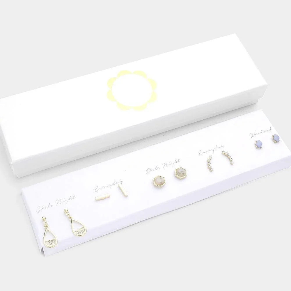 Gold 5Pairs - Hexagon Bead Rhinestone Embellished Teardrop Metal Bar Stud Earrings - Jewelry Store by Erik Rayo