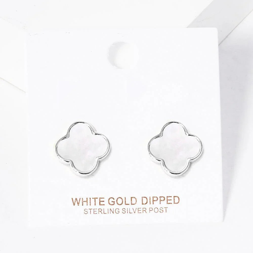 Silver White Gold Dipped Metal Trim Mother of Pearl Quatrefoil Stud Earrings - Jewelry Store by Erik Rayo