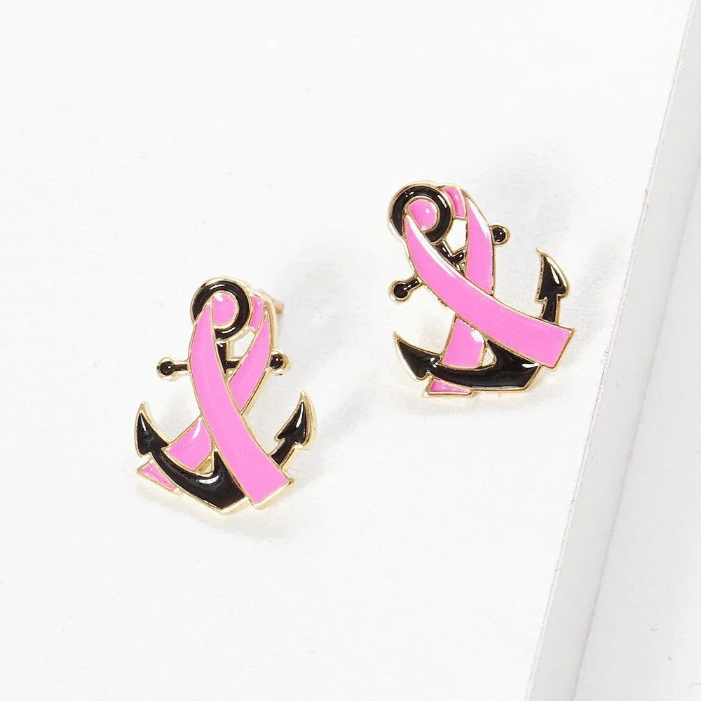 Gold Gold Dipped Enamel Anchor Pink Ribbon Stud Earrings - Jewelry Store by Erik Rayo
