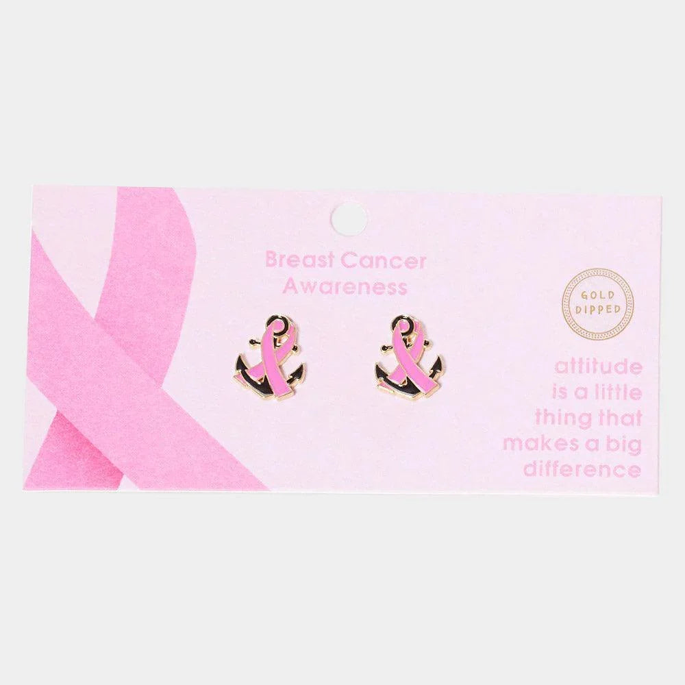 Gold Gold Dipped Enamel Anchor Pink Ribbon Stud Earrings - Jewelry Store by Erik Rayo