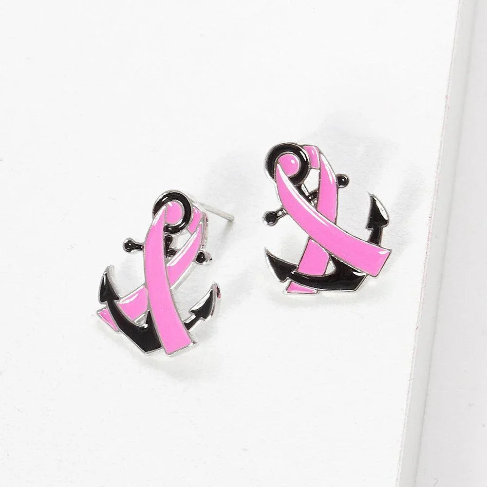 Gold White Gold Dipped Enamel Anchor Pink Ribbon Stud Earrings - Jewelry Store by Erik Rayo