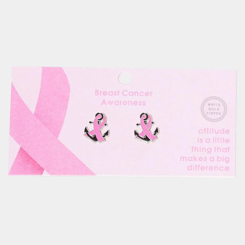 Gold White Gold Dipped Enamel Anchor Pink Ribbon Stud Earrings - Jewelry Store by Erik Rayo