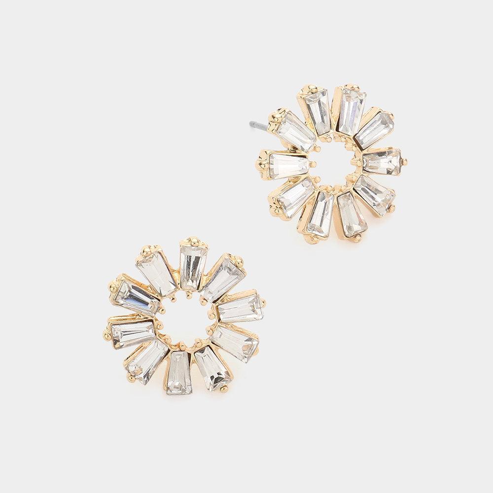 Gold Floral Tapered Baguette Stone Cluster Stud Earrings - Jewelry Store by Erik Rayo