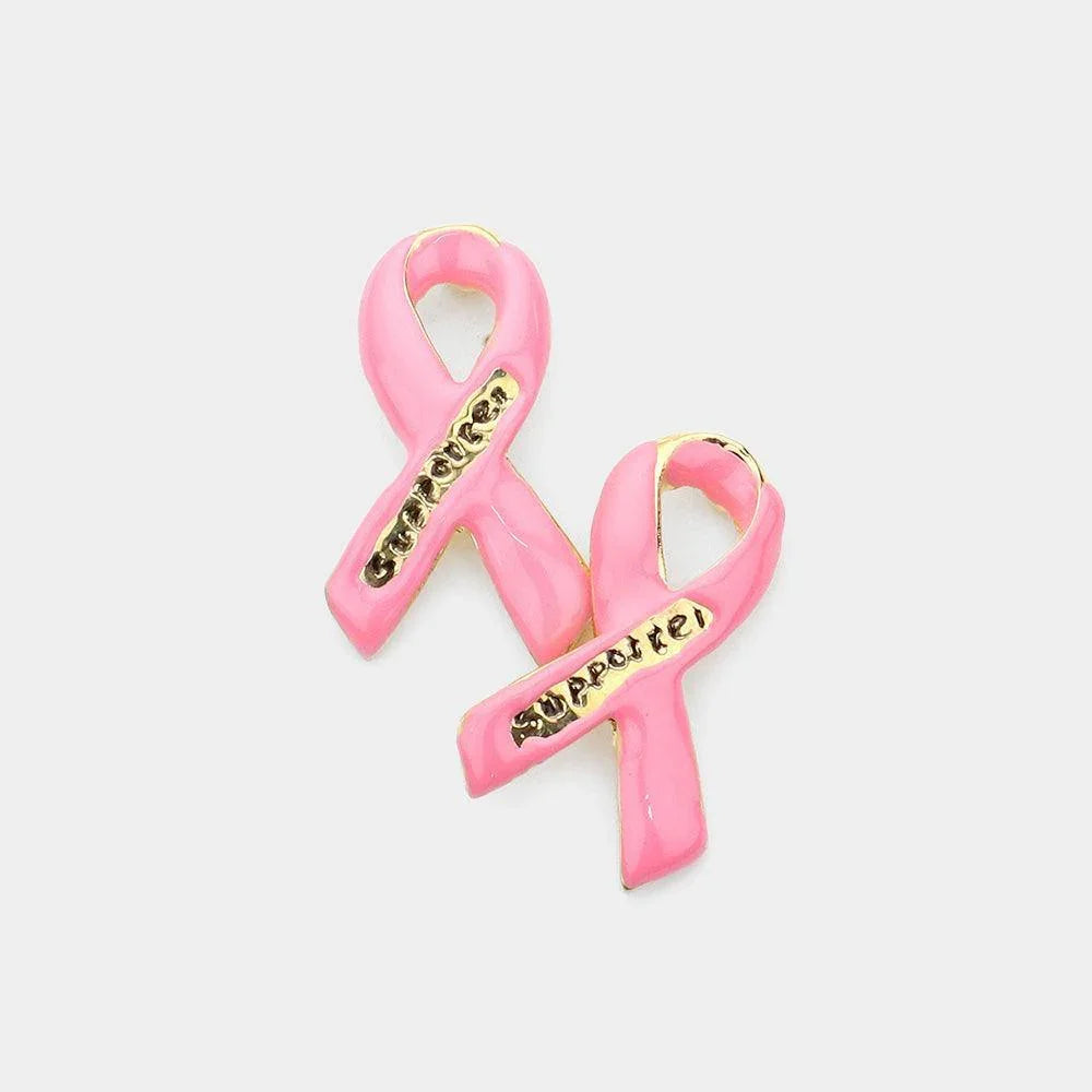 Gold Enamel Pink Ribbon Stud Earrings - Jewelry Store by Erik Rayo