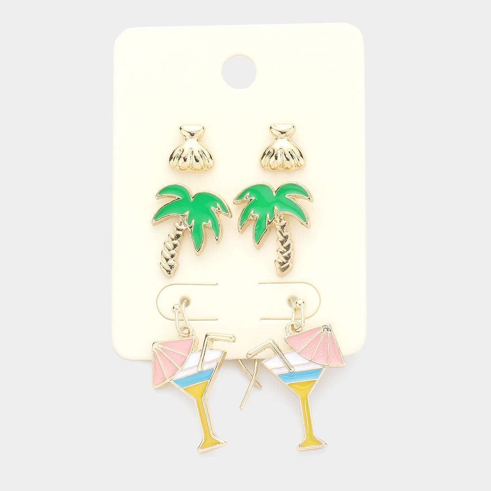 3Pairs - Enamel Palm Tree Cocktail Earrings - Jewelry Store by Erik Rayo
