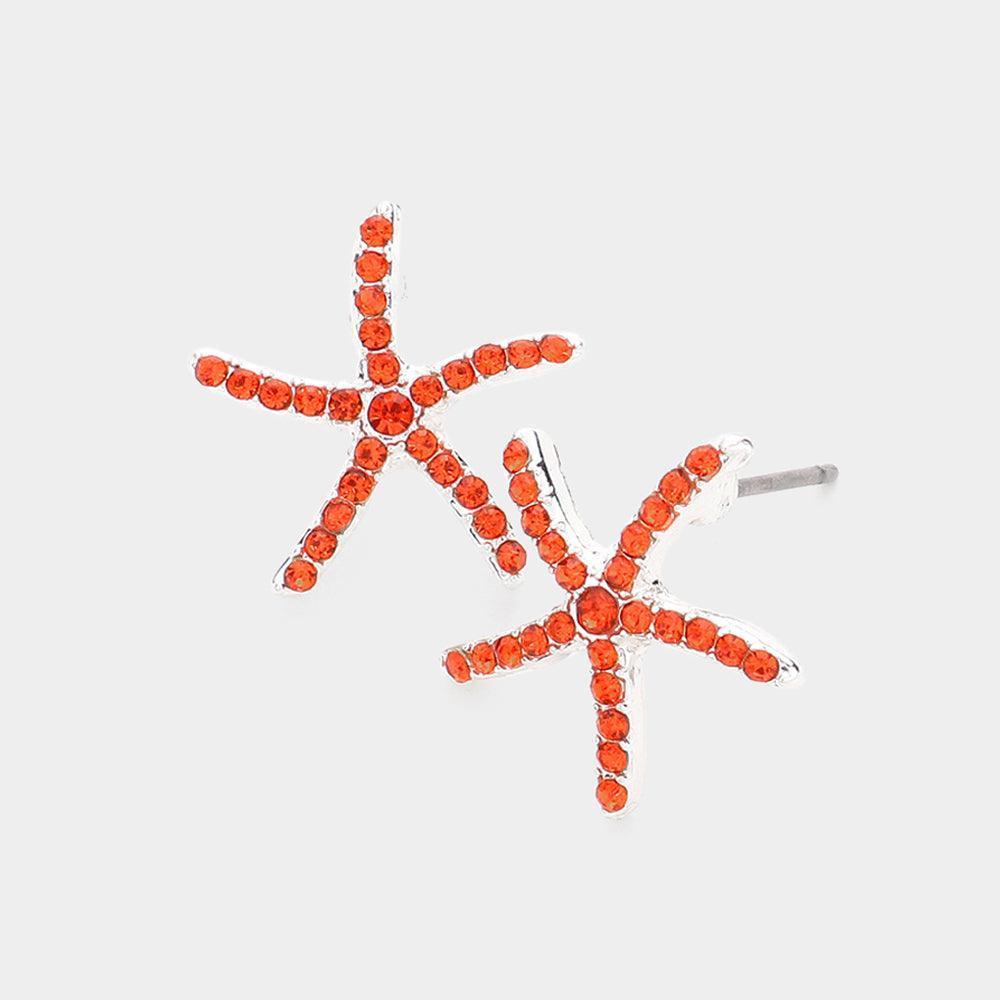 Orange Rhinestone Embellished Starfish Stud Earrings - Jewelry Store by Erik Rayo