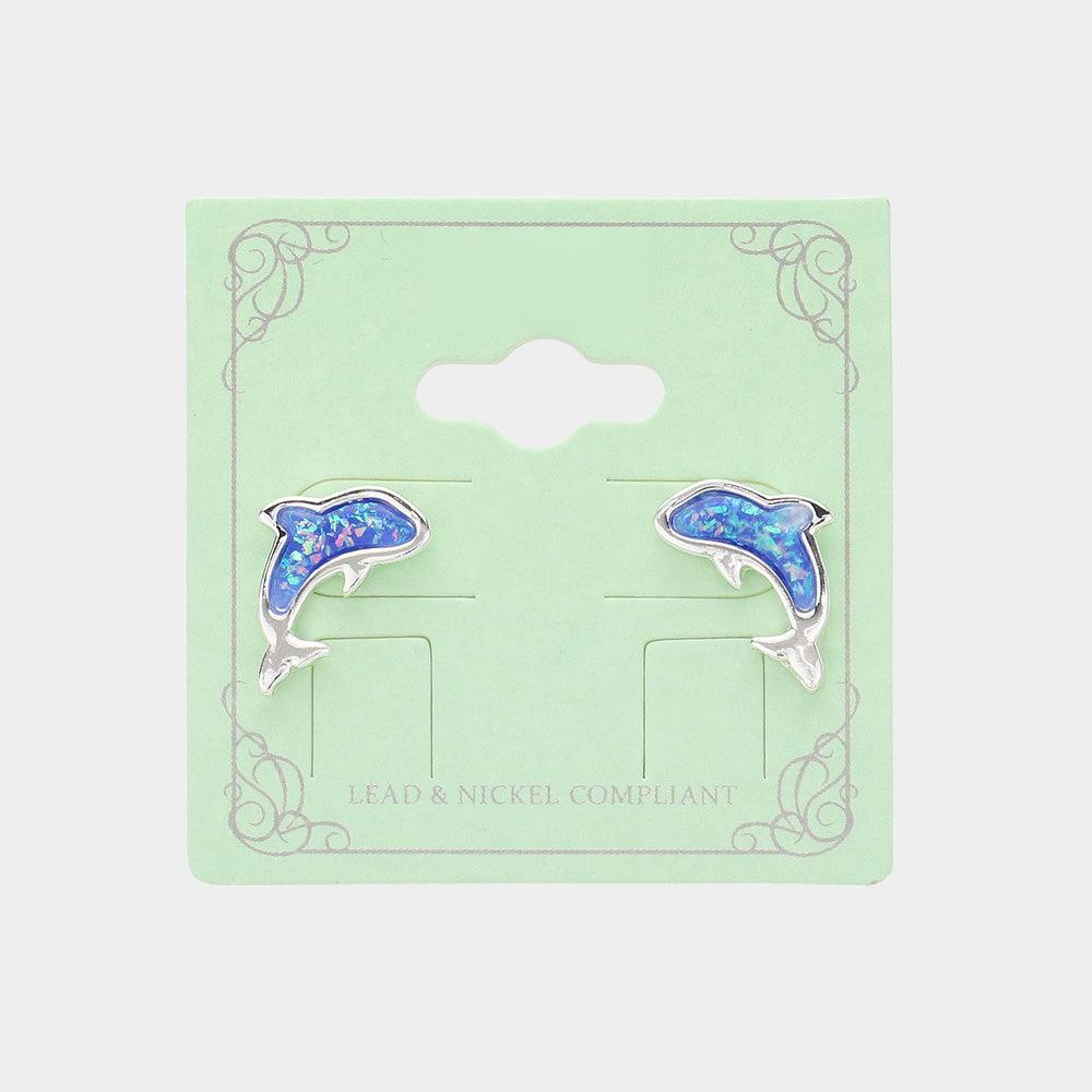 Silver Sea Glass Embossed Dolphin Stud Earrings - Jewelry Store by Erik Rayo