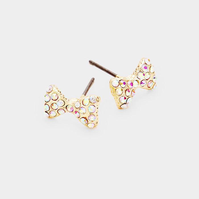 Gold Crystal Embellished Bow Stud Earrings - Jewelry Store by Erik Rayo
