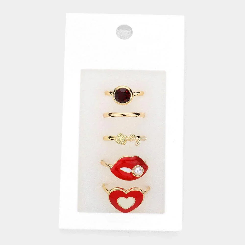 Red 5PCS Round Stone Metal Rose Flower Enamel Lips Heart Mixed Rings - Jewelry Store by Erik Rayo