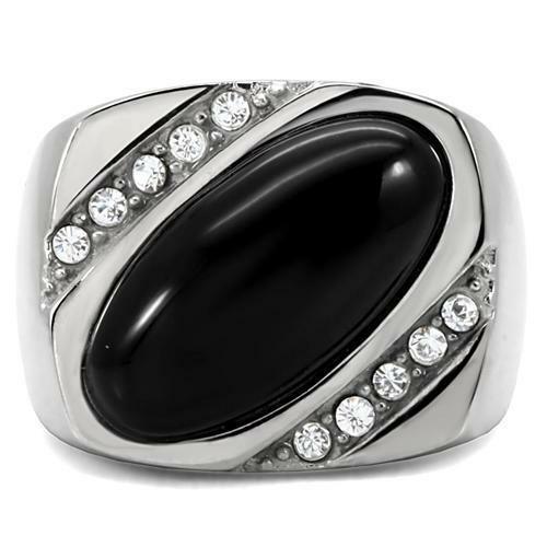 Anillo rectangular para hombre de acero inoxidable con circonita cúbica en tono plateado y ónix negro auténtico ovalado - Jewelry Store by Erik Rayo