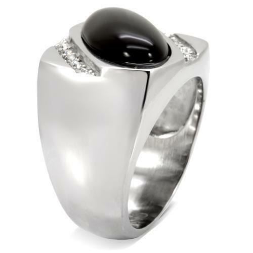 Anillo rectangular para hombre de acero inoxidable con circonita cúbica en tono plateado y ónix negro auténtico ovalado - Jewelry Store by Erik Rayo