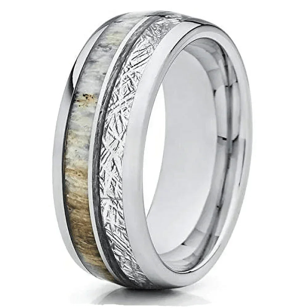 Silver Tungsten Carbide Wedding Band Ring for Men & Women – Deer Antler & White Meteorite Inlay Design - Jewelry Store by Erik Rayo