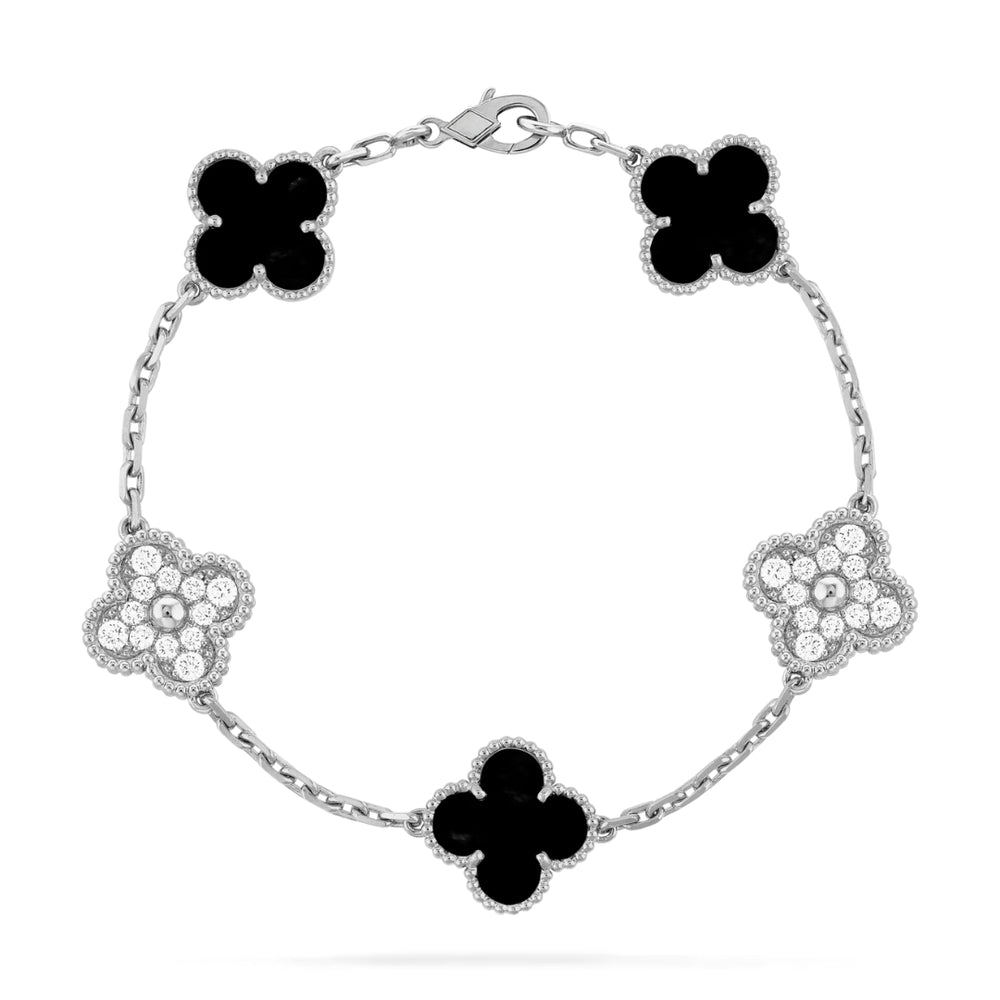 925 Silver Black and Silver Clover Bracelets with Royalty for Men and Women 6" 7" and 8" Inches Adjustable - Jewelry Store by Erik Rayo