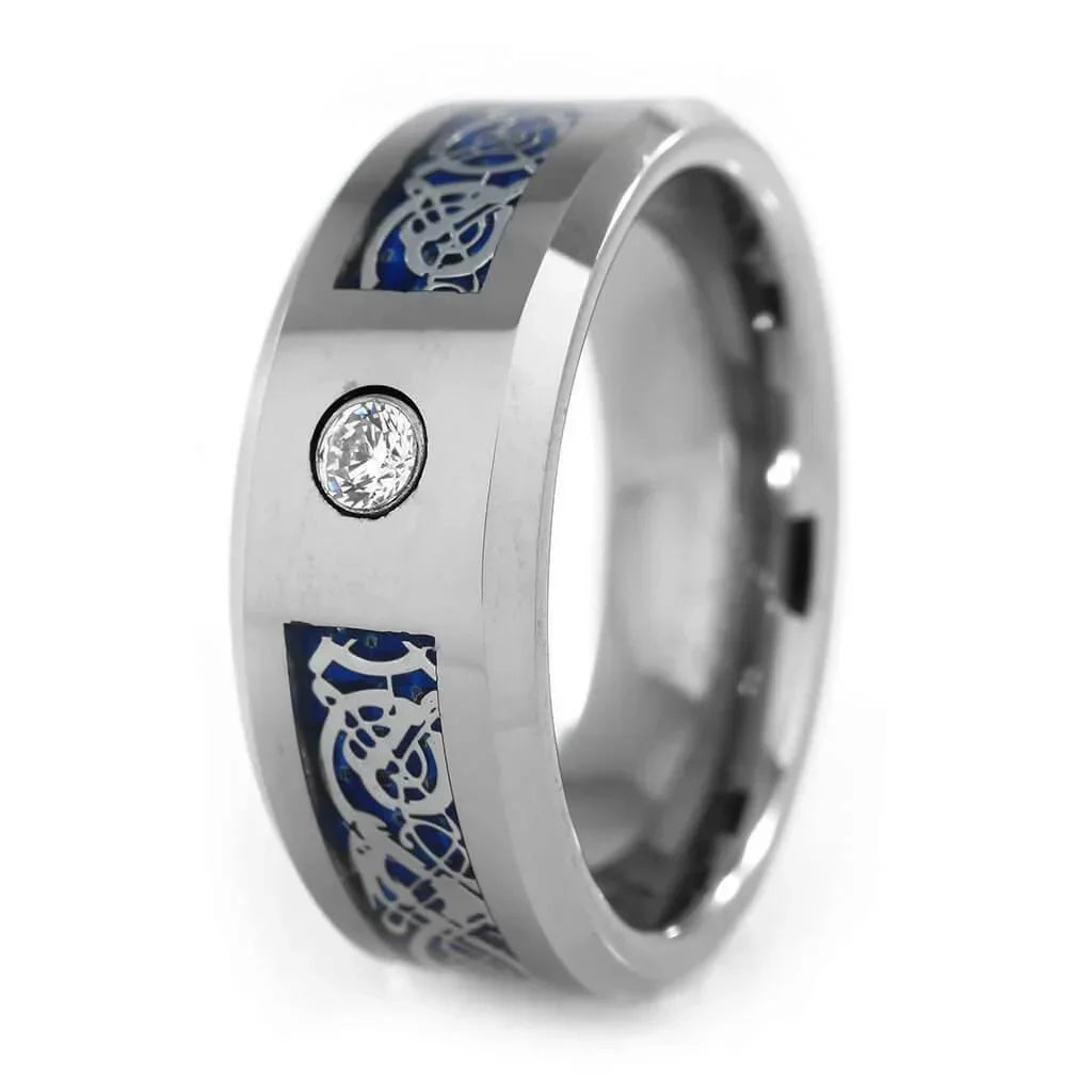 Men's Tungsten Carbide Wedding Band Rings - Silver Celtic Dragon CZ Rings for Men and Women - Jewelry Store by Erik Rayo