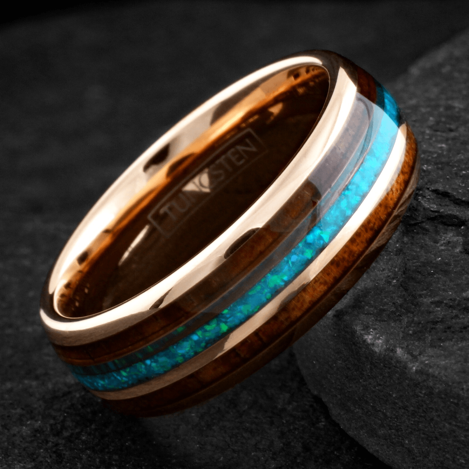 Rose Gold Wedding Band Ring for Men and Women Tungsten Carbide Blue Teal Opal with Wood Stripe Engagement Ring - Jewelry Store by Erik Rayo