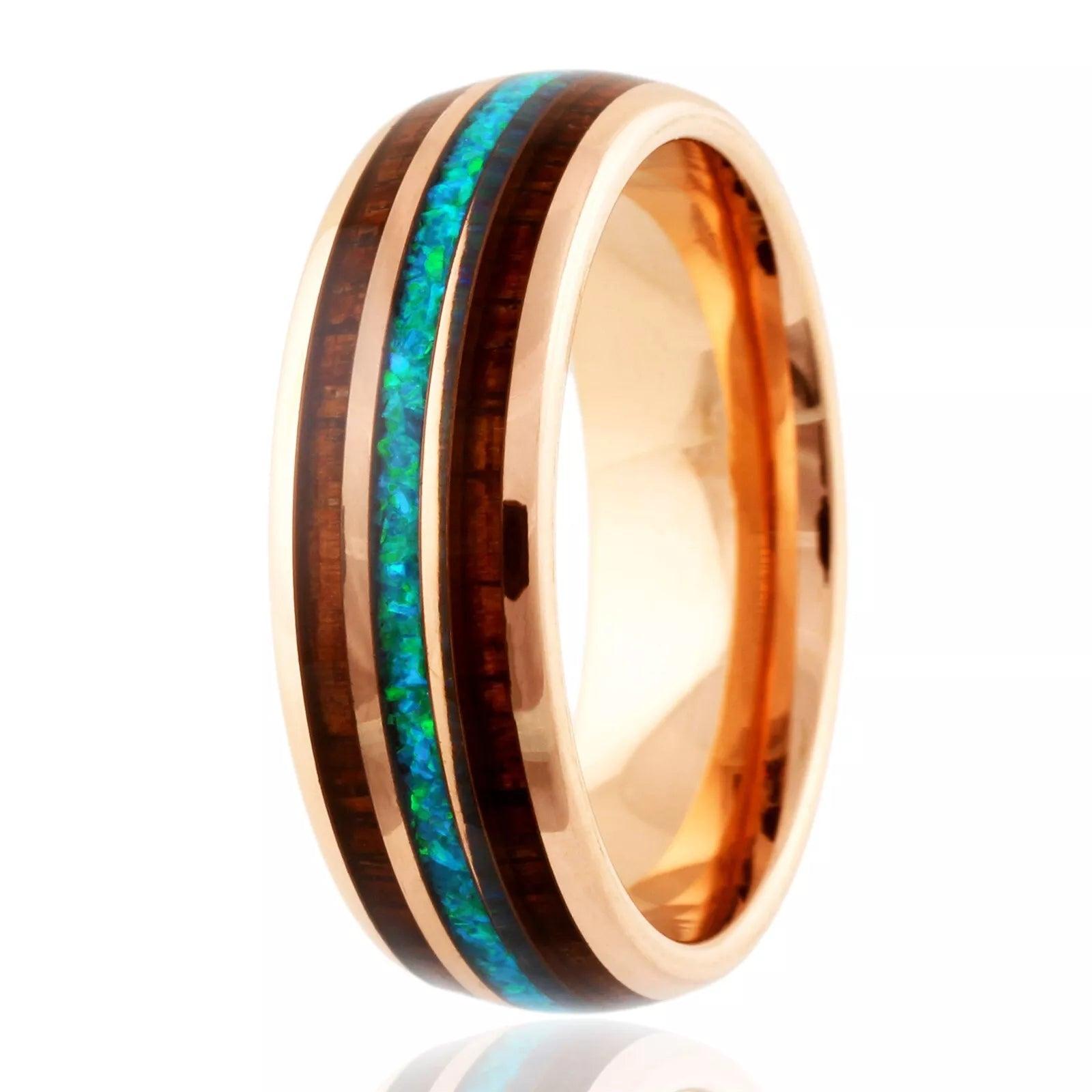 Rose Gold Wedding Band Ring for Men and Women Tungsten Carbide Blue Teal Opal with Wood Stripe Engagement Ring - Jewelry Store by Erik Rayo