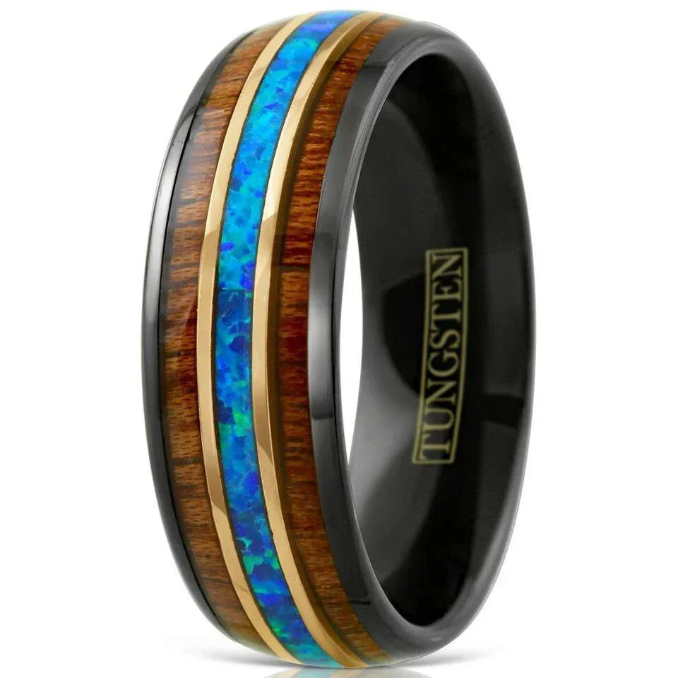 Men's Black Tungsten Wedding Band with Koa Wood and Blue Opal Stripe - Men's Rings for Weddings - Jewelry Store by Erik Rayo