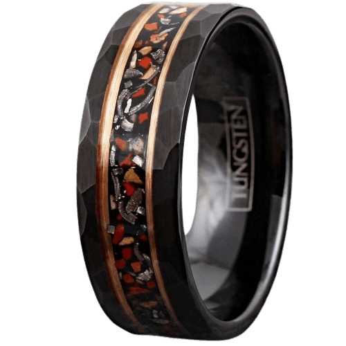 Men's Wedding Band Ring - Black Faux Dinosaur Bone & Meteorite with Rose Gold Plated Stripe - Wedding Rings for Men & Women - Jewelry Store by Erik Rayo
