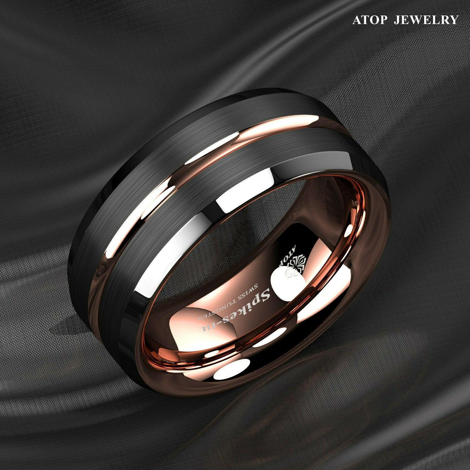Tungsten Rings for Men Wedding Bands for Him Womens Wedding Bands for Her 8mm Black Brushed Rose Gold - Jewelry Store by Erik Rayo