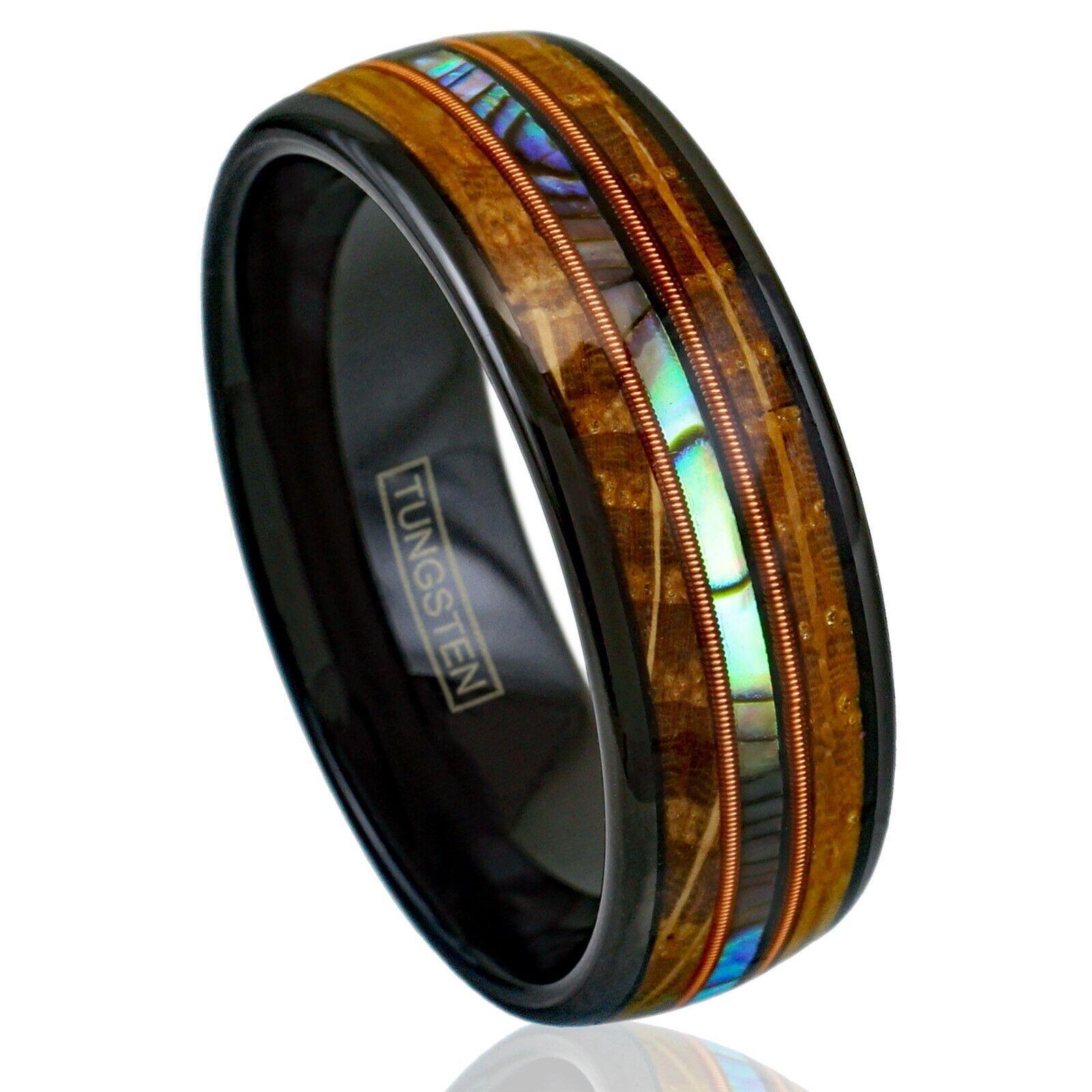 Men's Wedding Band Ring Whiskey Barrel Wood Abalone Dual Guitar String Ring for Men and Women - Jewelry Store by Erik Rayo